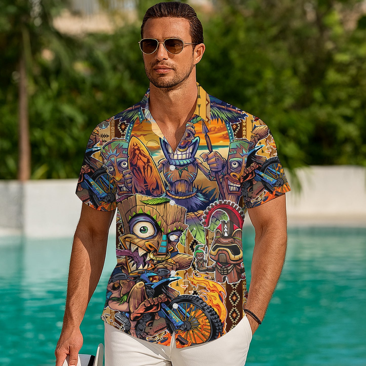 Tiki Masks, Dirt Bike & Sunset Beach Hawaiian Shirt Men Aloha