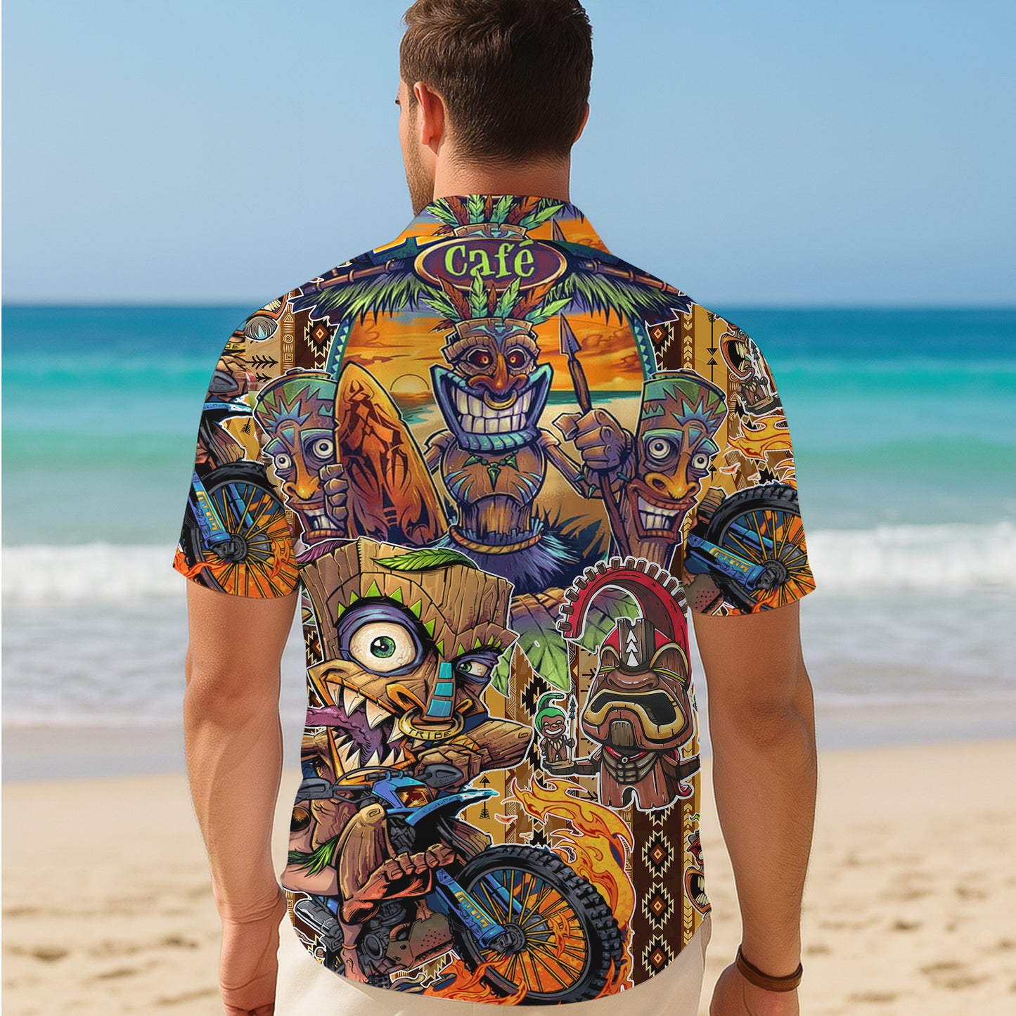 Tiki Masks, Dirt Bike & Sunset Beach Hawaiian Shirt Men Aloha