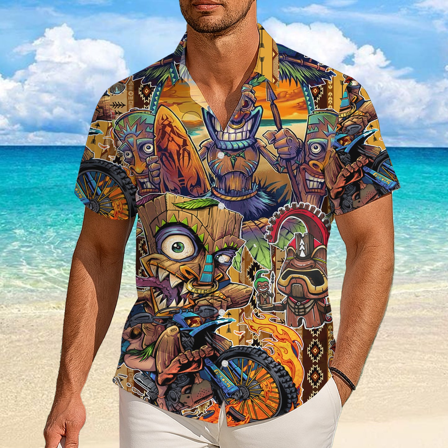 Tiki Masks, Dirt Bike & Sunset Beach Hawaiian Shirt Men Aloha