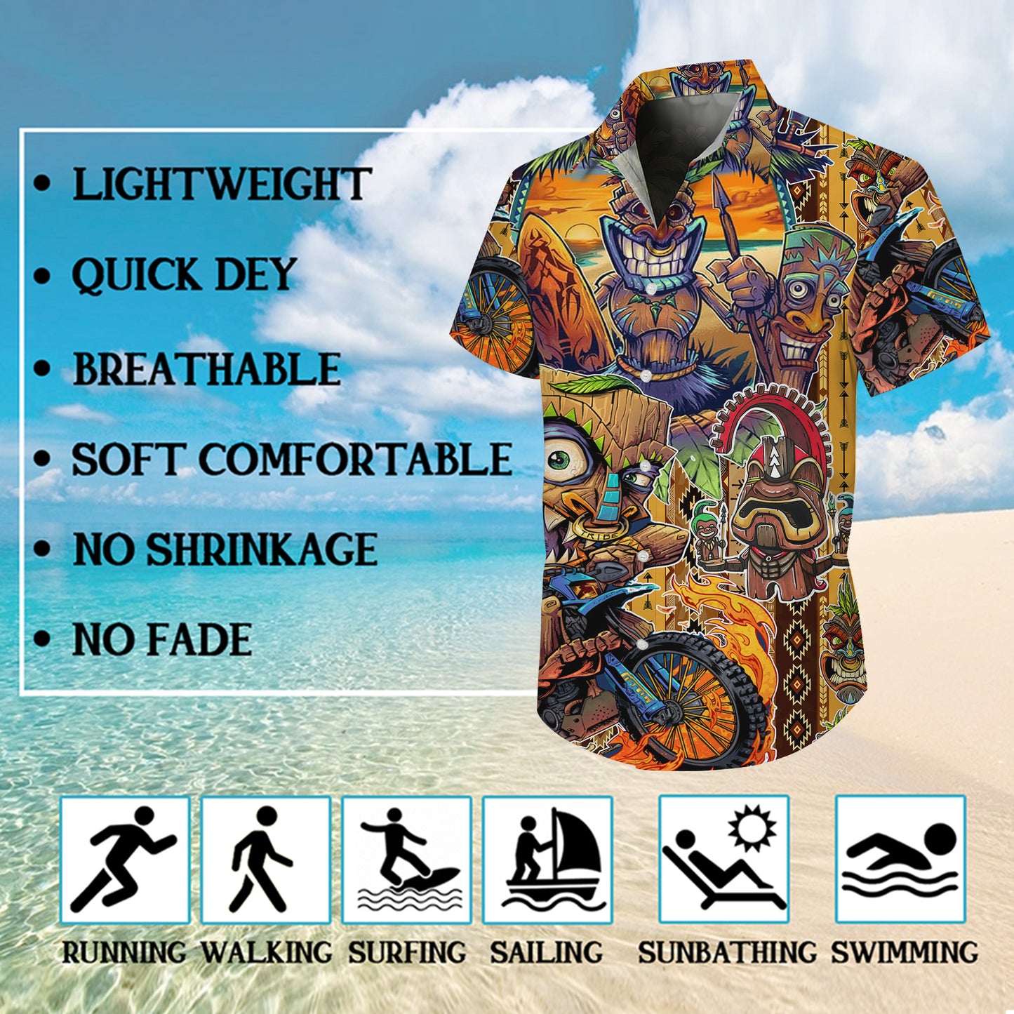 Tiki Masks, Dirt Bike & Sunset Beach Hawaiian Shirt Men Aloha