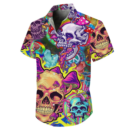 Trippy Skulls & Psychedelic Mushrooms Hawaiian Shirt Men Aloha