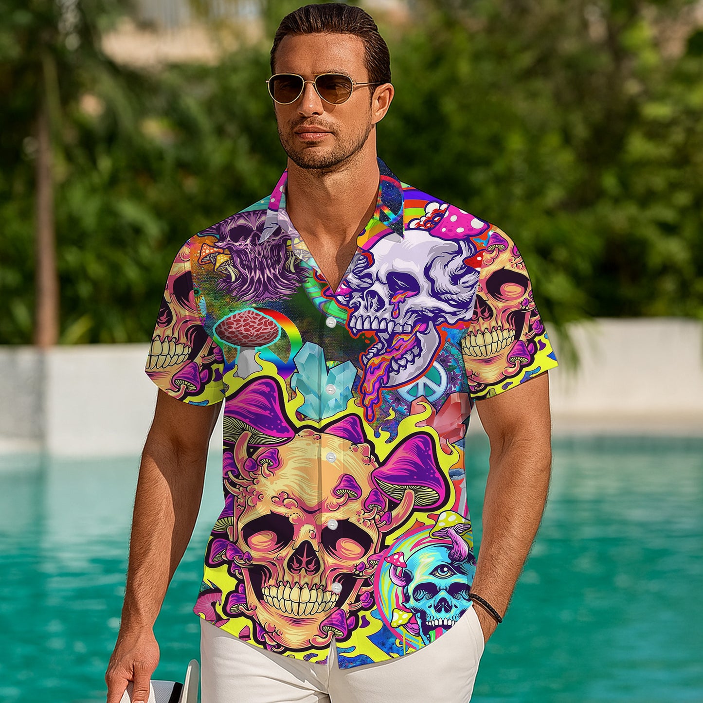 Trippy Skulls & Psychedelic Mushrooms Hawaiian Shirt Men Aloha
