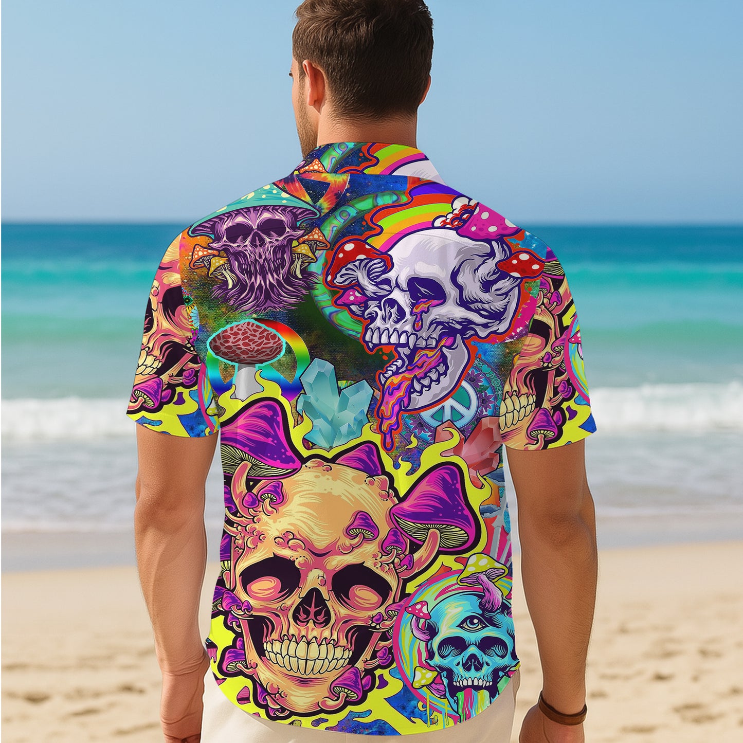 Trippy Skulls & Psychedelic Mushrooms Hawaiian Shirt Men Aloha