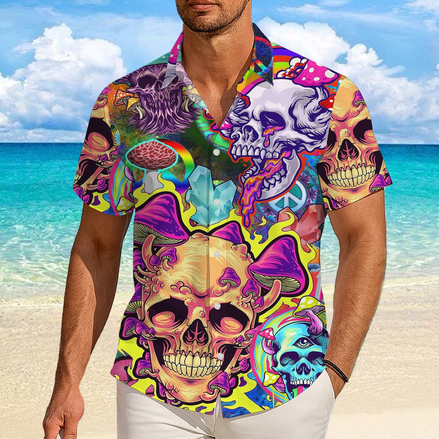 Trippy Skulls & Psychedelic Mushrooms Hawaiian Shirt Men Aloha