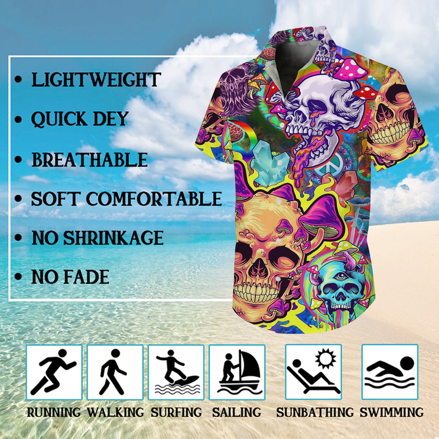 Trippy Skulls & Psychedelic Mushrooms Hawaiian Shirt Men Aloha