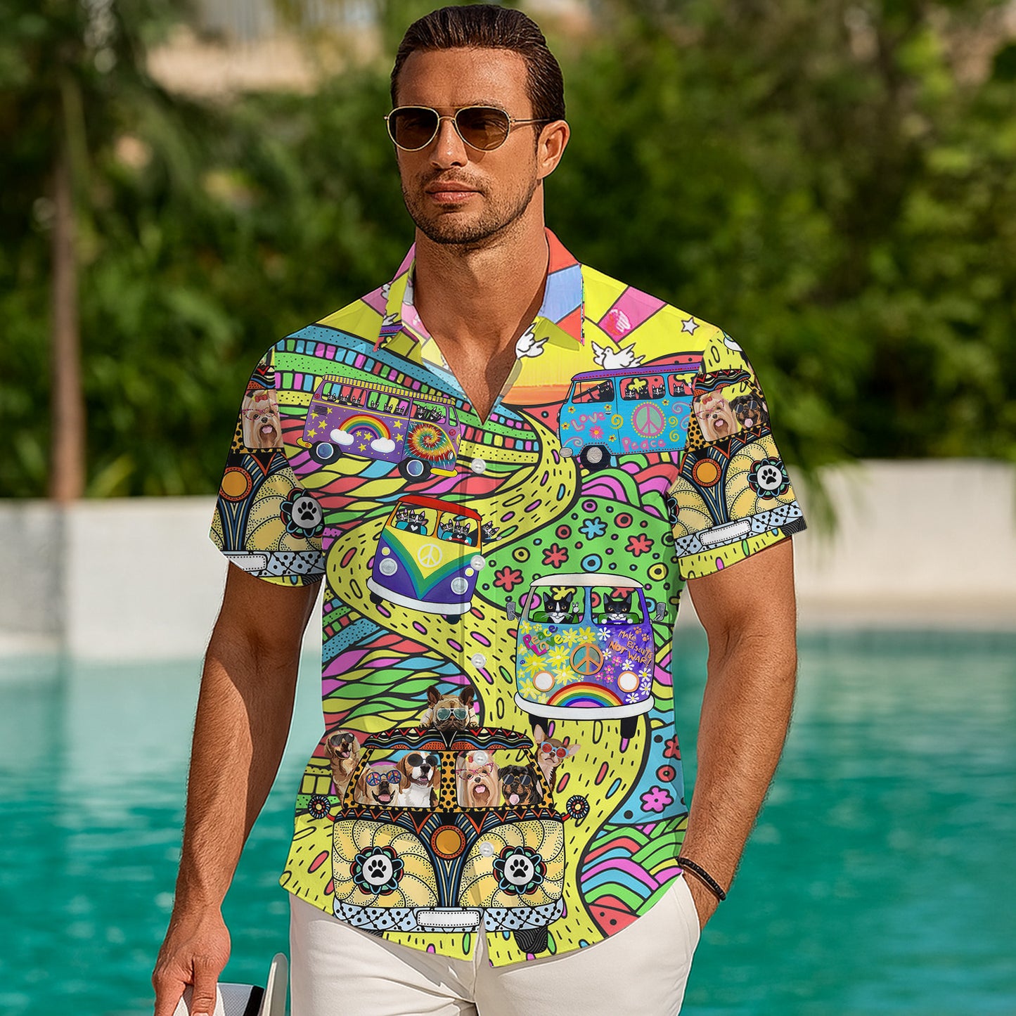 Hippie Vans, Cats & Dogs Psychedelic Art Hawaiian Shirt Aloha