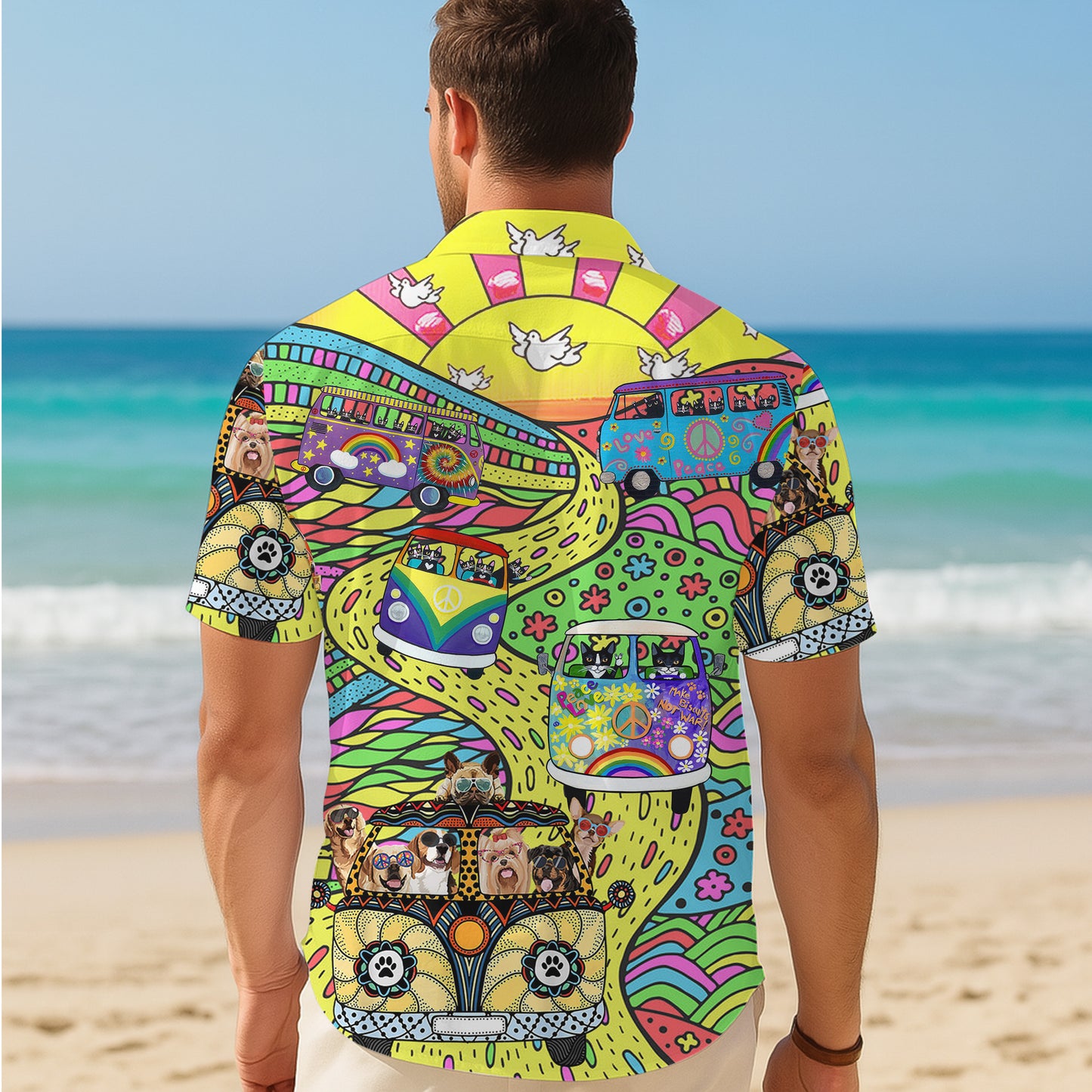 Hippie Vans, Cats & Dogs Psychedelic Art Hawaiian Shirt Aloha