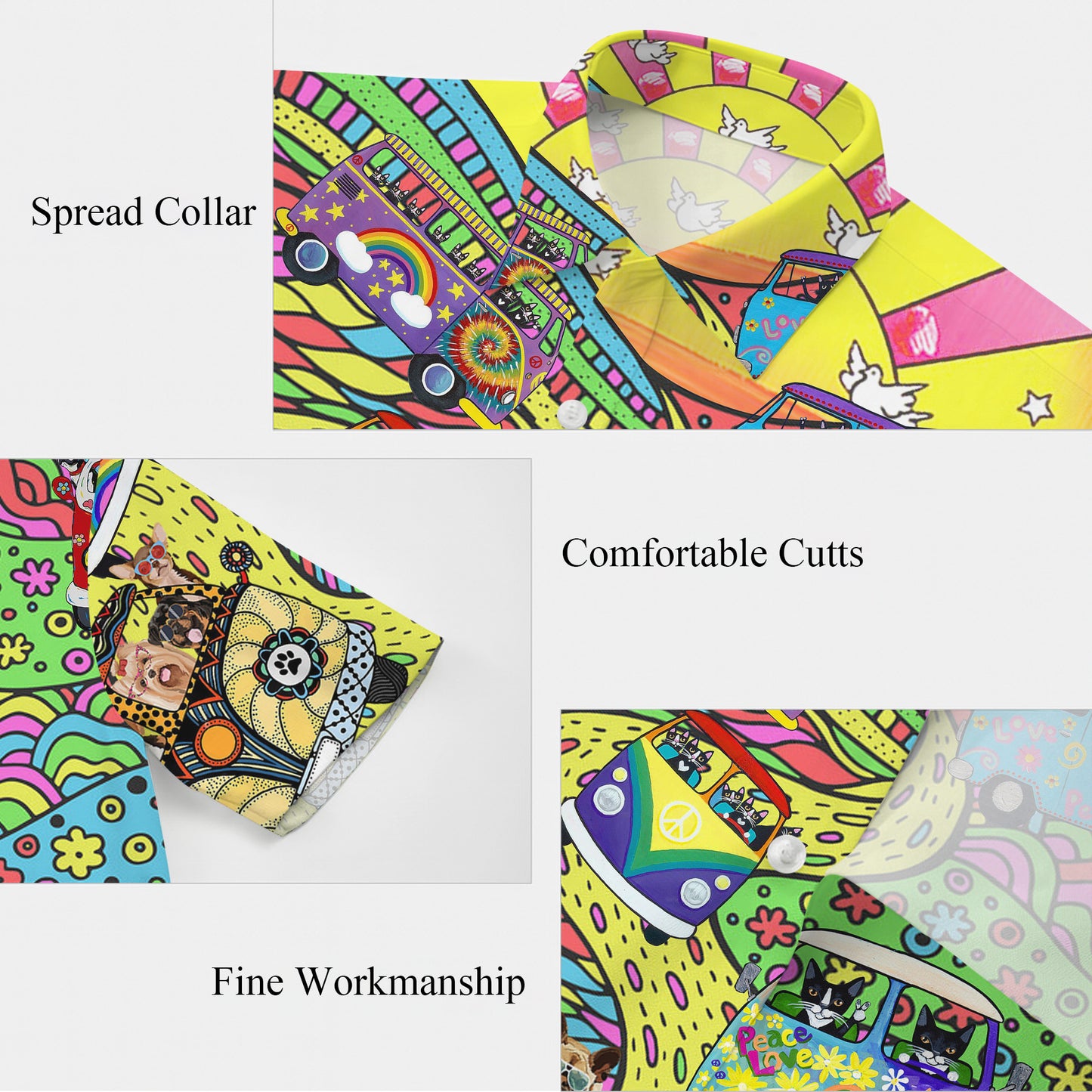 Hippie Vans, Cats & Dogs Psychedelic Art Hawaiian Shirt Aloha