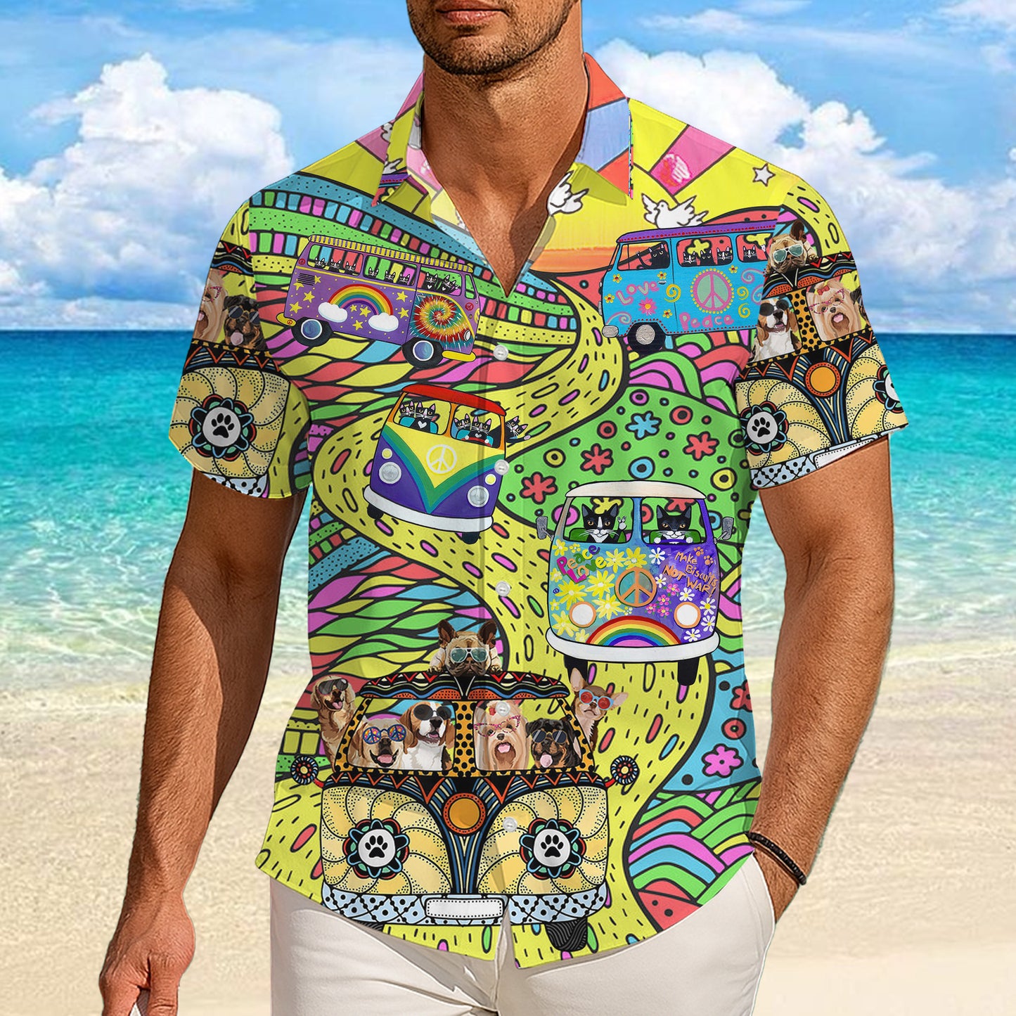 Hippie Vans, Cats & Dogs Psychedelic Art Hawaiian Shirt Aloha