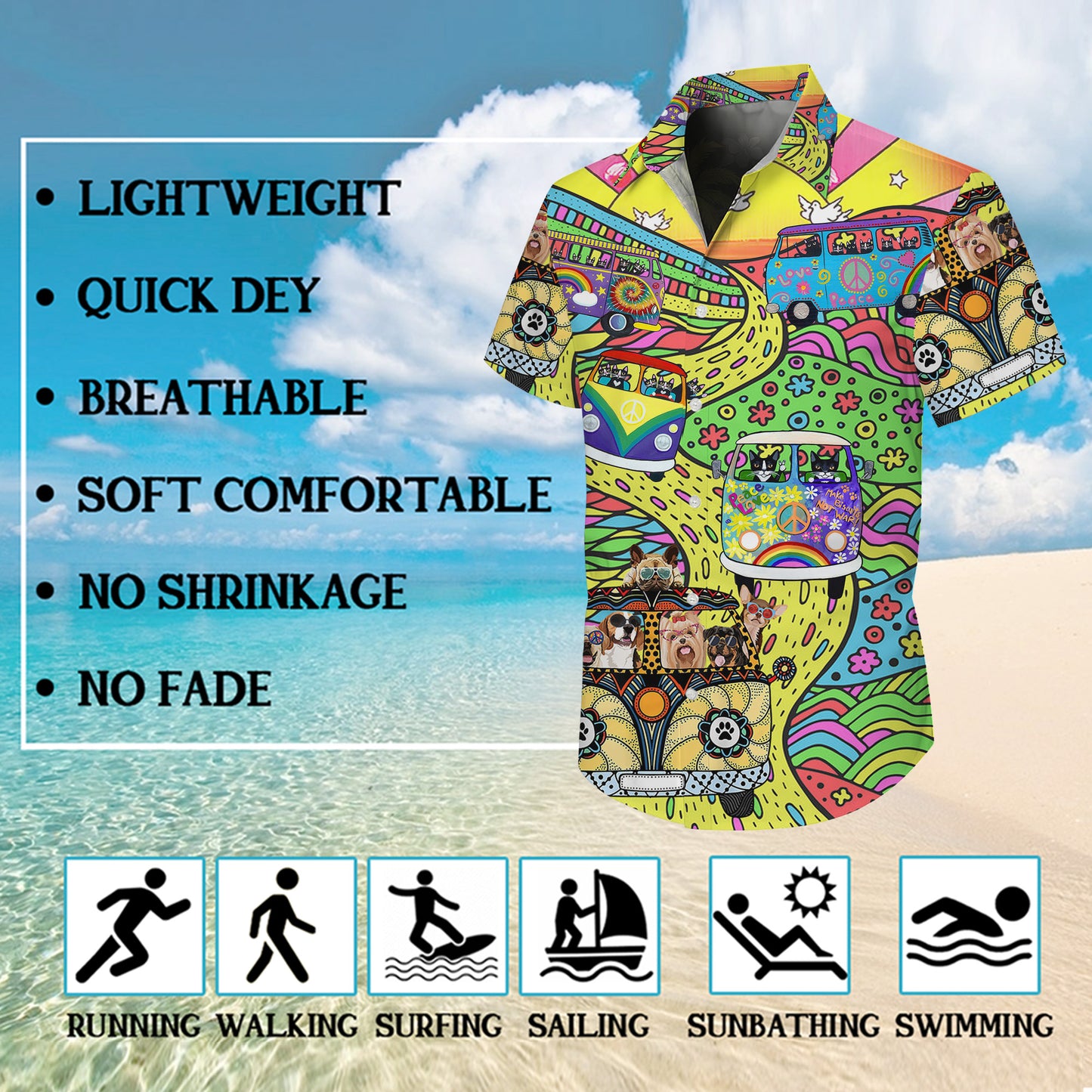 Hippie Vans, Cats & Dogs Psychedelic Art Hawaiian Shirt Aloha
