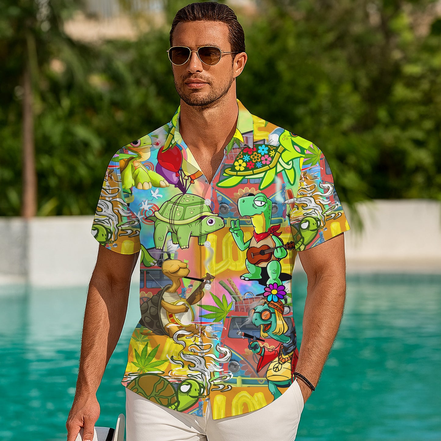 Hippie Turtles & Retro Vans Psychedelic Art Hawaiian Shirt Aloha