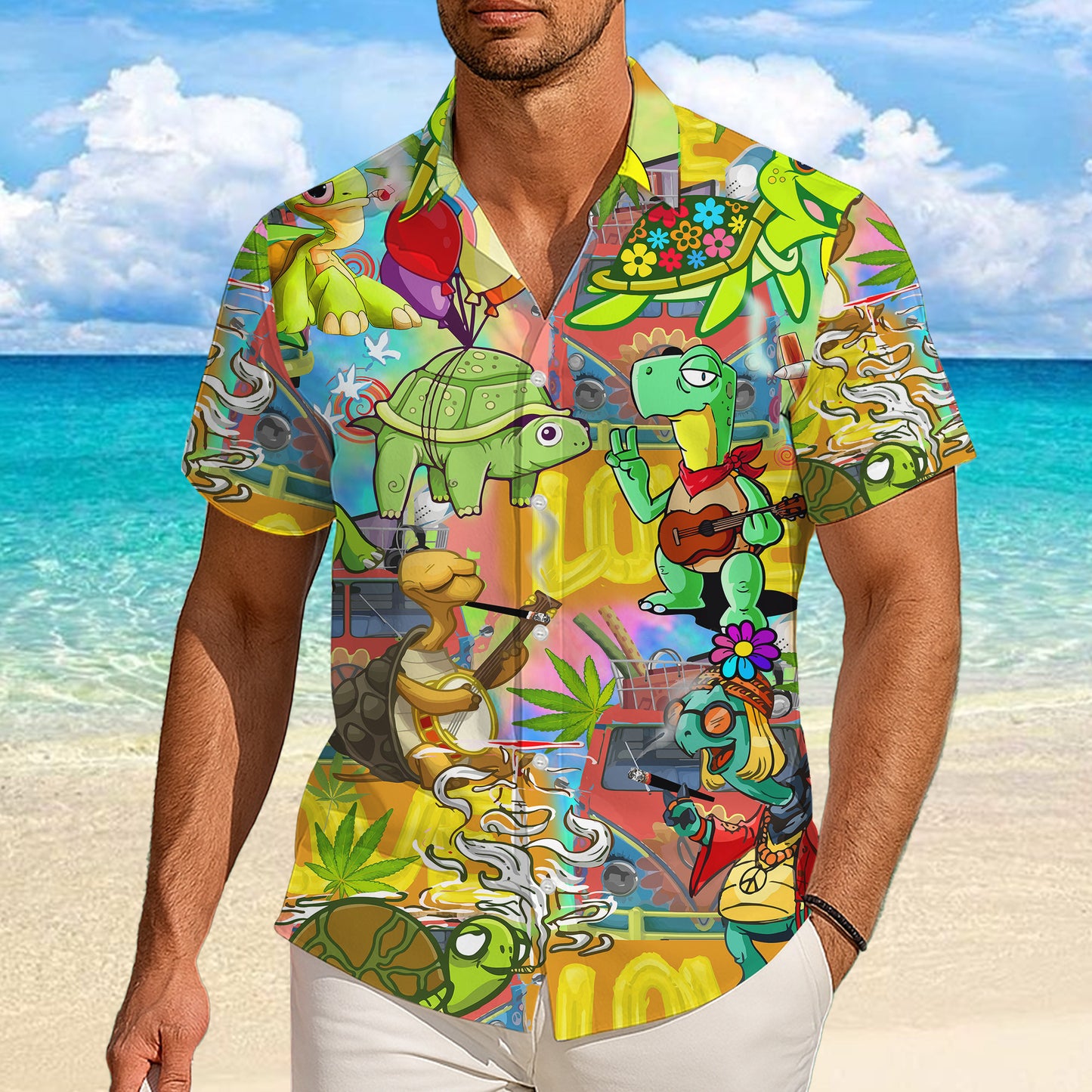 Hippie Turtles & Retro Vans Psychedelic Art Hawaiian Shirt Aloha