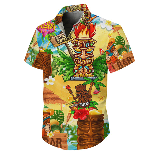 Tiki Bar & Tropical Beach Wooden Masks Hawaiian Shirt Aloha