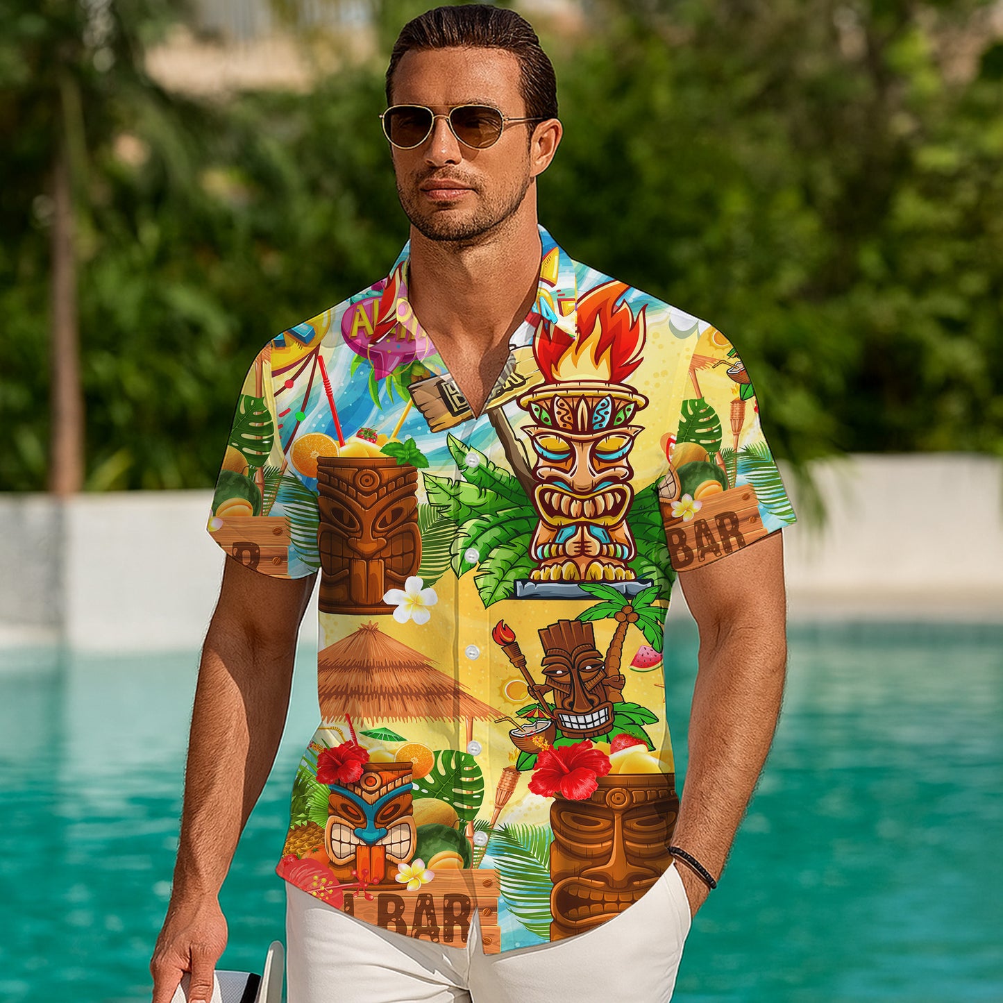 Tiki Bar & Tropical Beach Wooden Masks Hawaiian Shirt Aloha