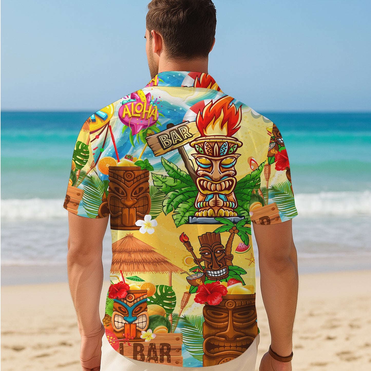 Tiki Bar & Tropical Beach Wooden Masks Hawaiian Shirt Aloha