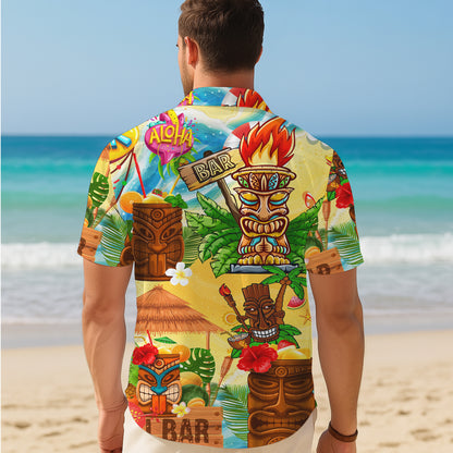 Tiki Bar & Tropical Beach Wooden Masks Hawaiian Shirt Aloha