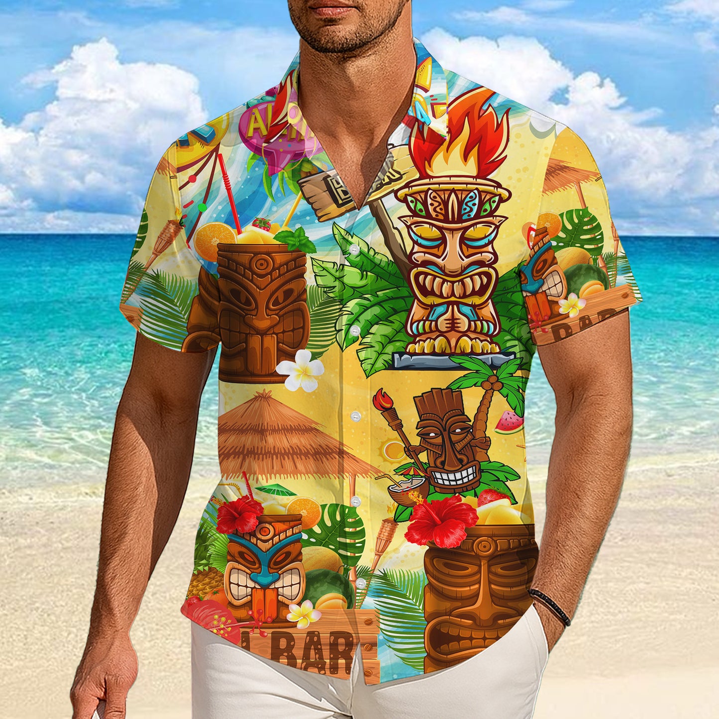 Tiki Bar & Tropical Beach Wooden Masks Hawaiian Shirt Aloha