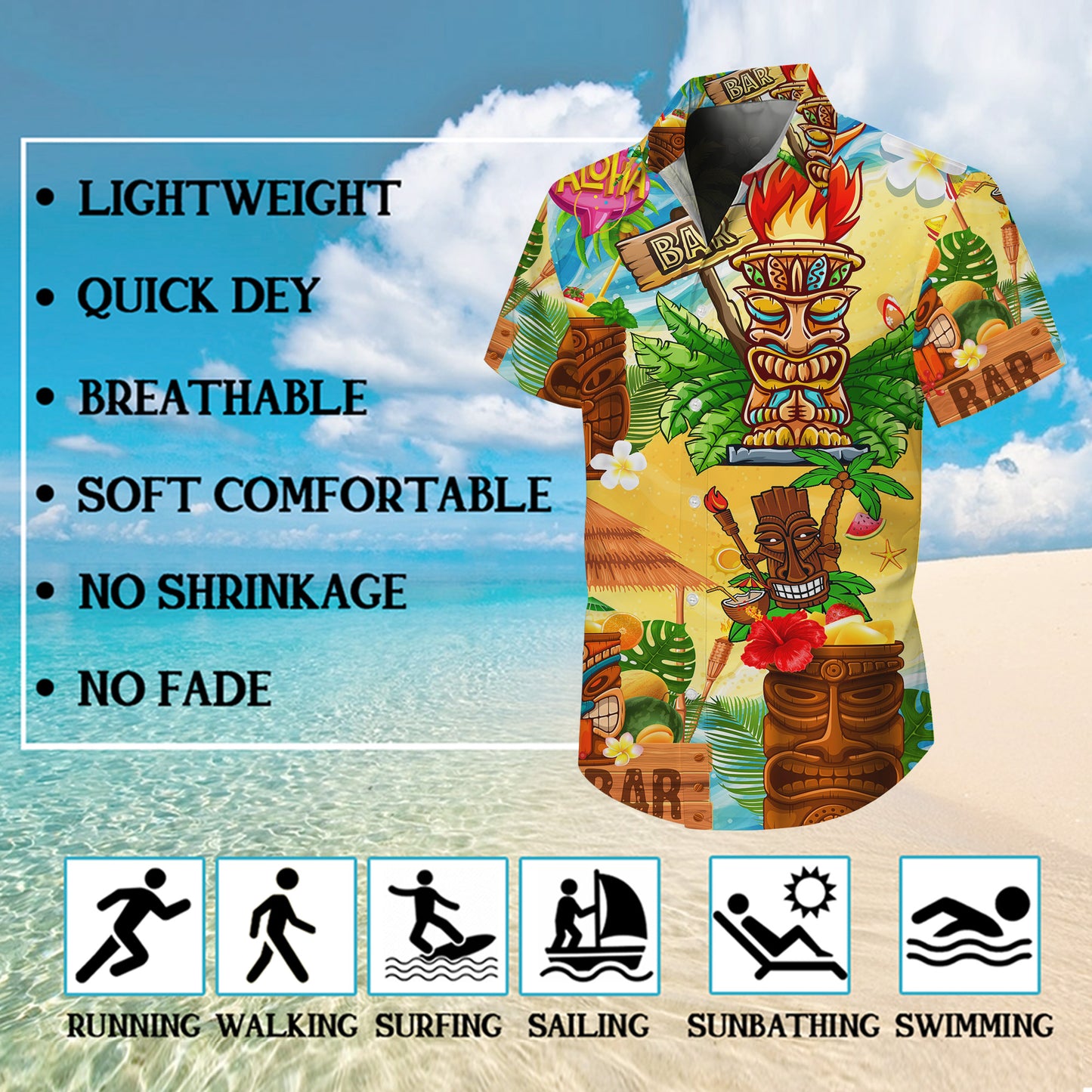 Tiki Bar & Tropical Beach Wooden Masks Hawaiian Shirt Aloha