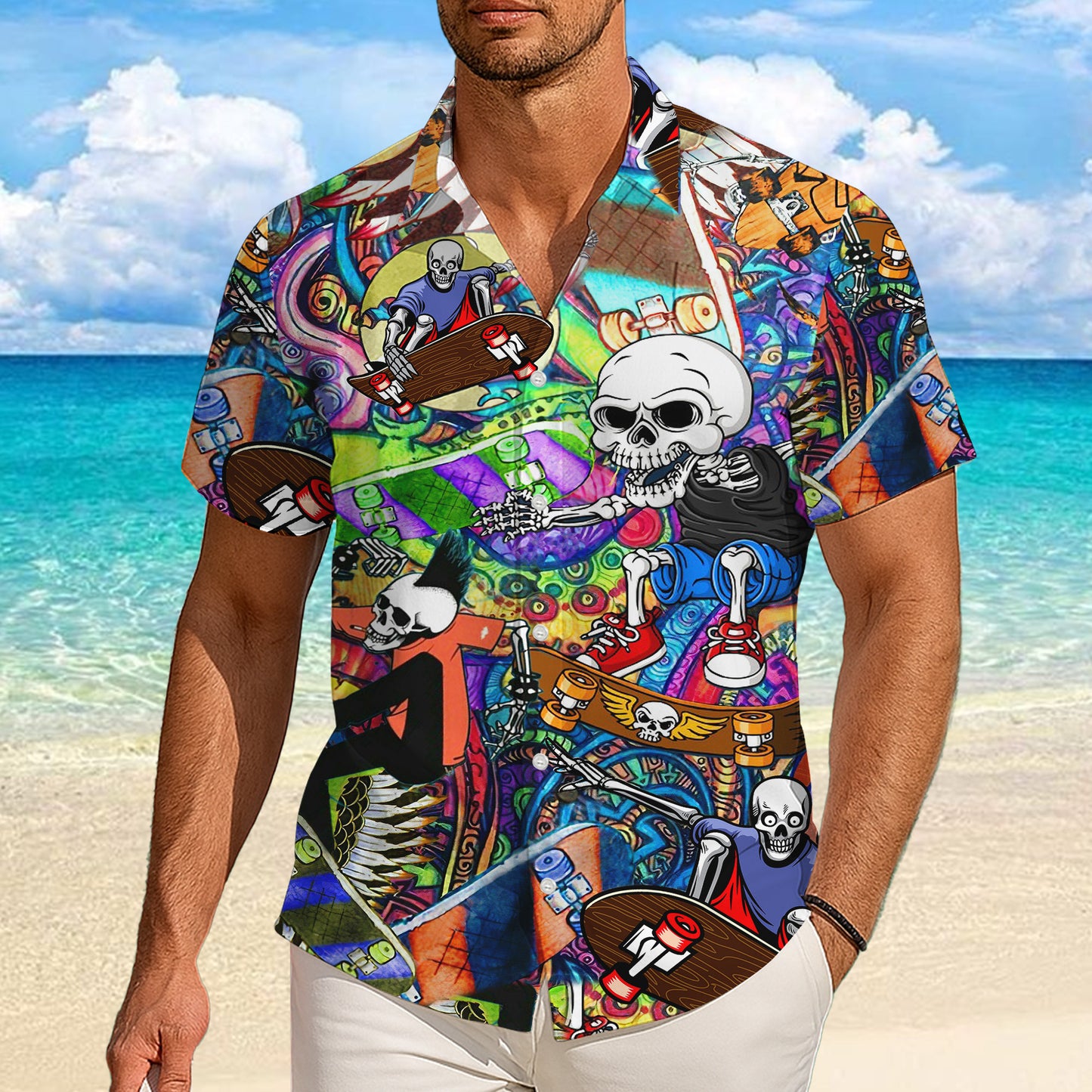 Skateboarding Skeletons & Graffiti Art Hawaiian Shirt Men Aloha