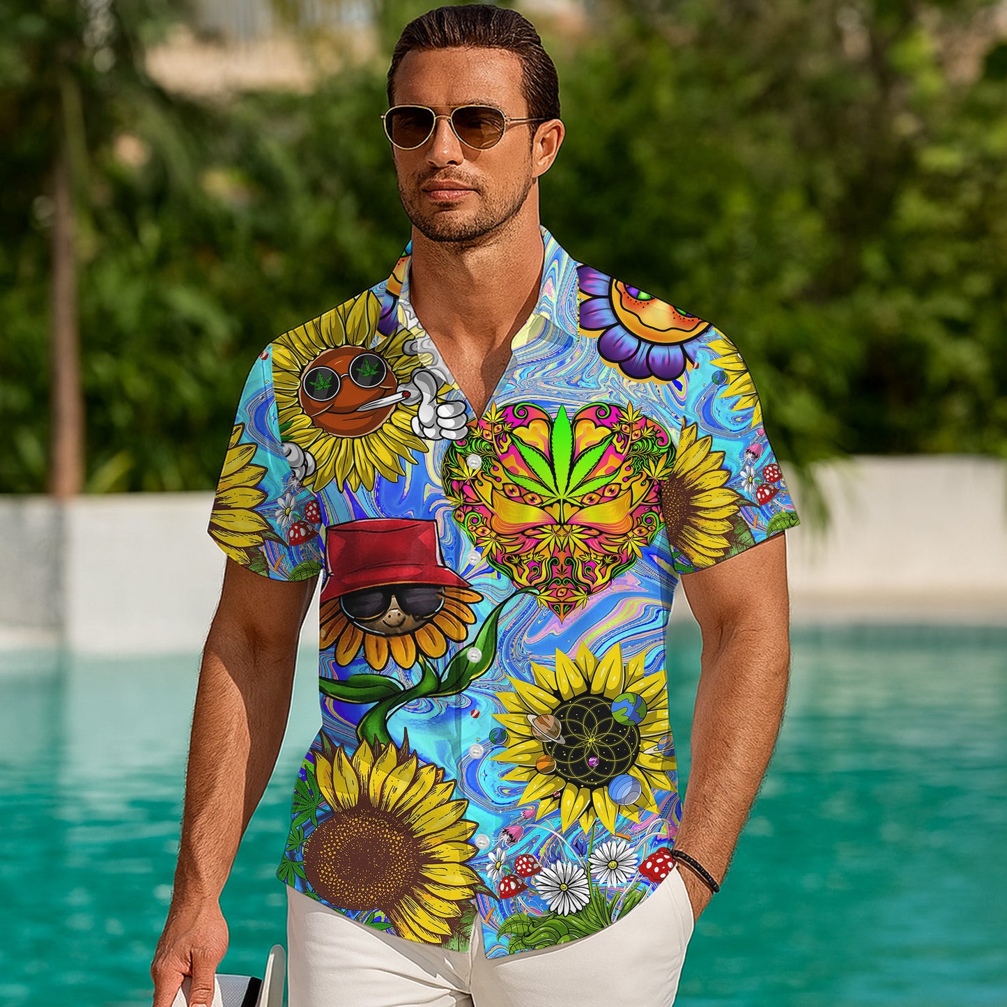 Psychedelic Sunflowers & Heart Art Hawaiian Shirt Men Aloha