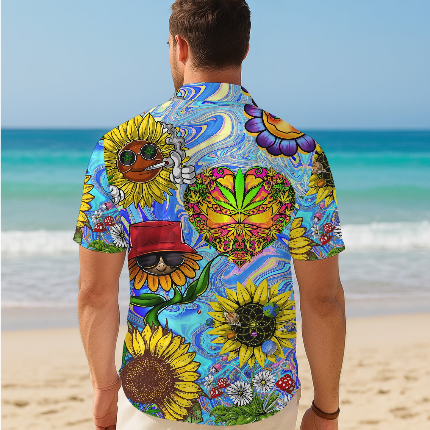 Psychedelic Sunflowers & Heart Art Hawaiian Shirt Men Aloha