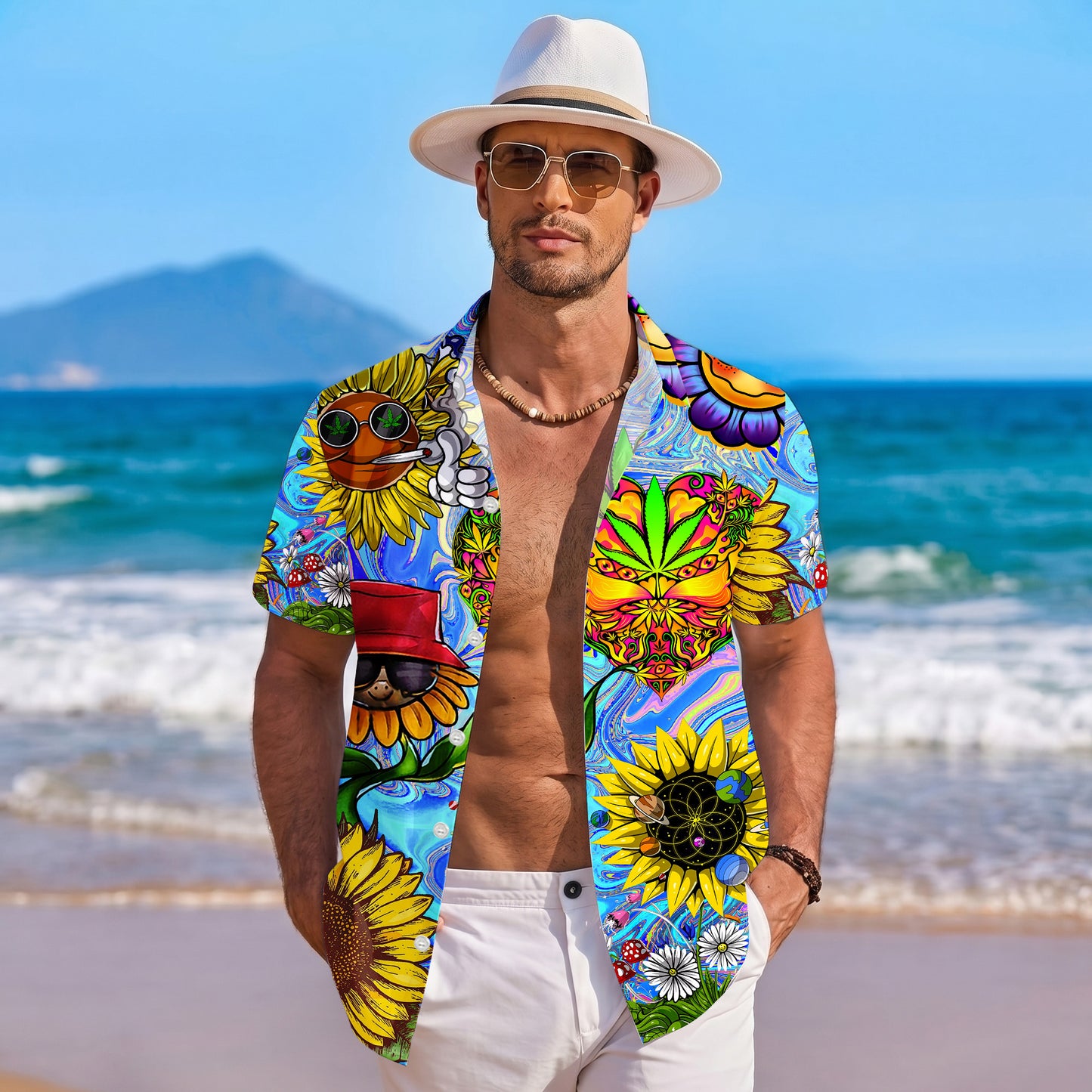Psychedelic Sunflowers & Heart Art Hawaiian Shirt Men Aloha