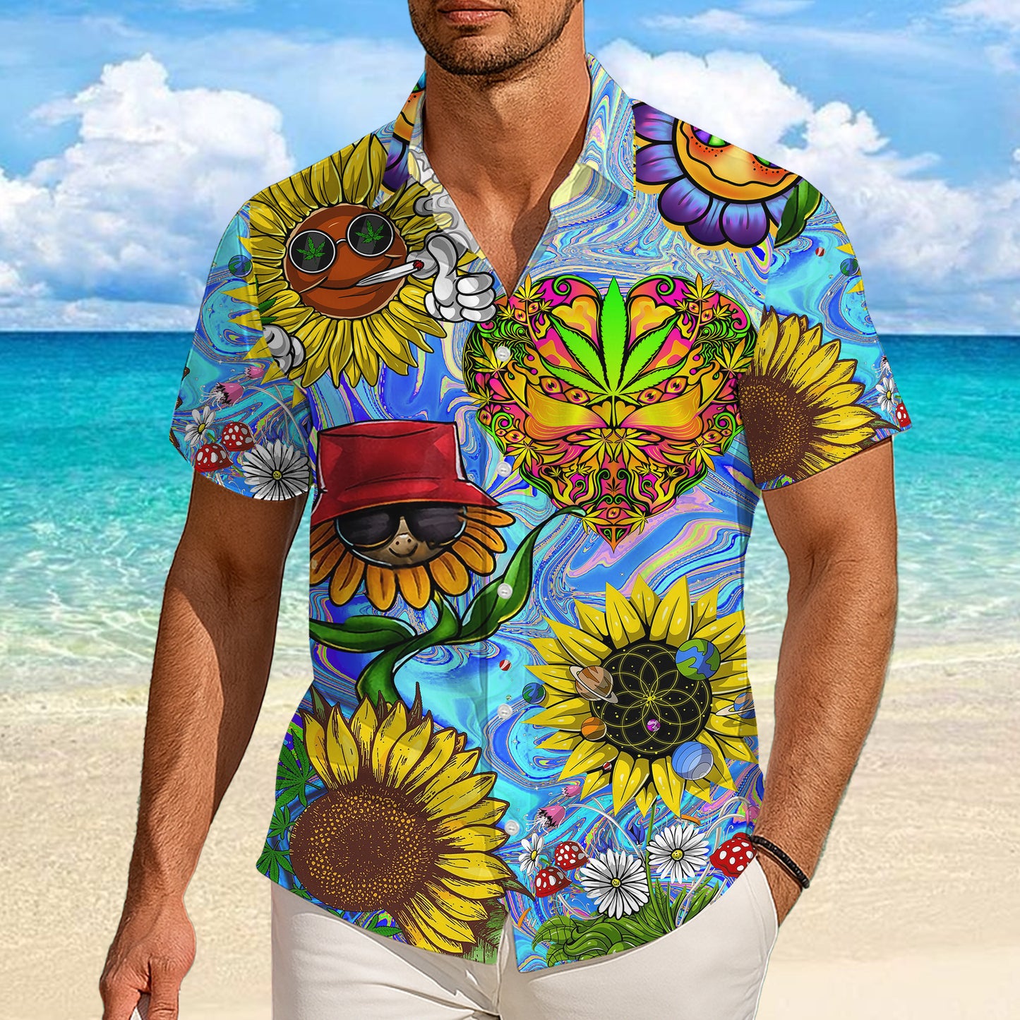 Psychedelic Sunflowers & Heart Art Hawaiian Shirt Men Aloha