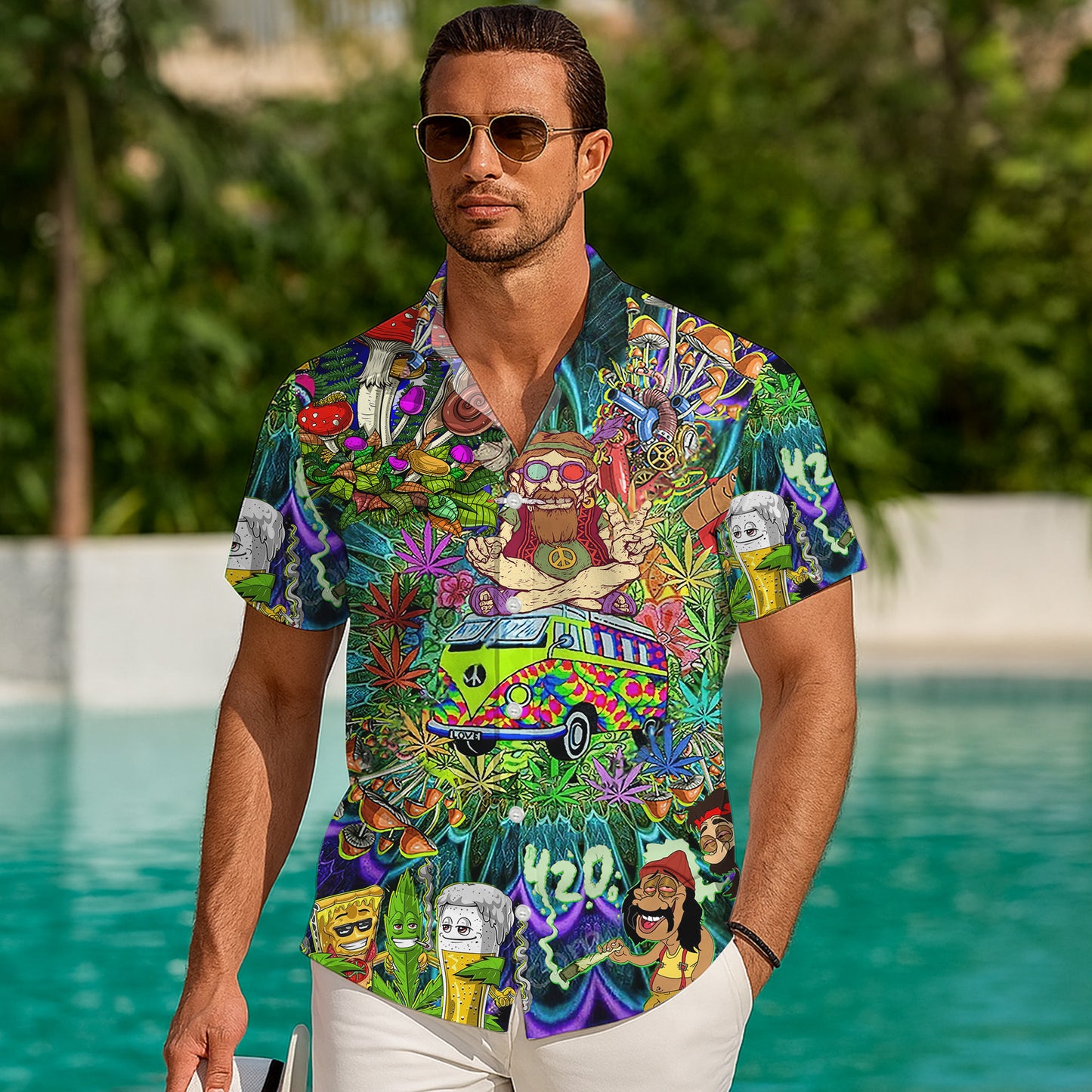 Hippie Retro Van & 420 Psychedelic Art Hawaiian Shirt Aloha