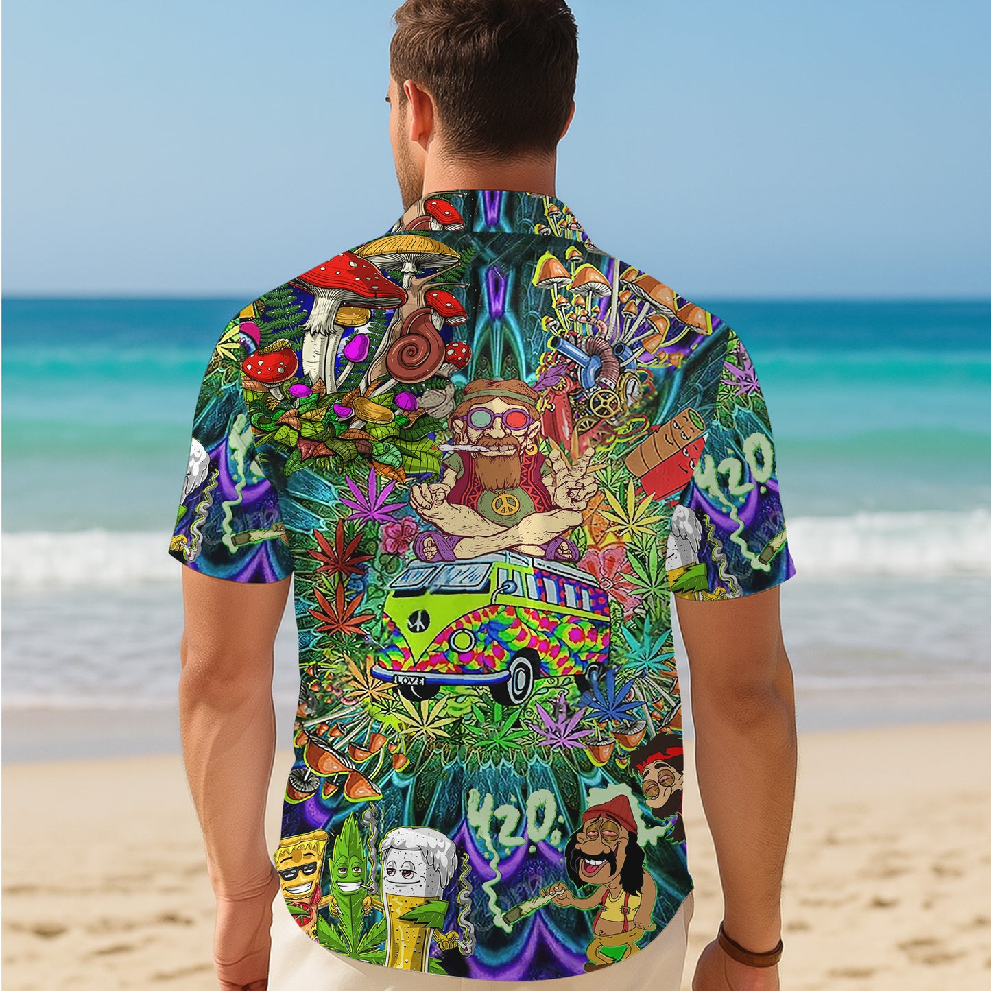 Hippie Retro Van & 420 Psychedelic Art Hawaiian Shirt Aloha