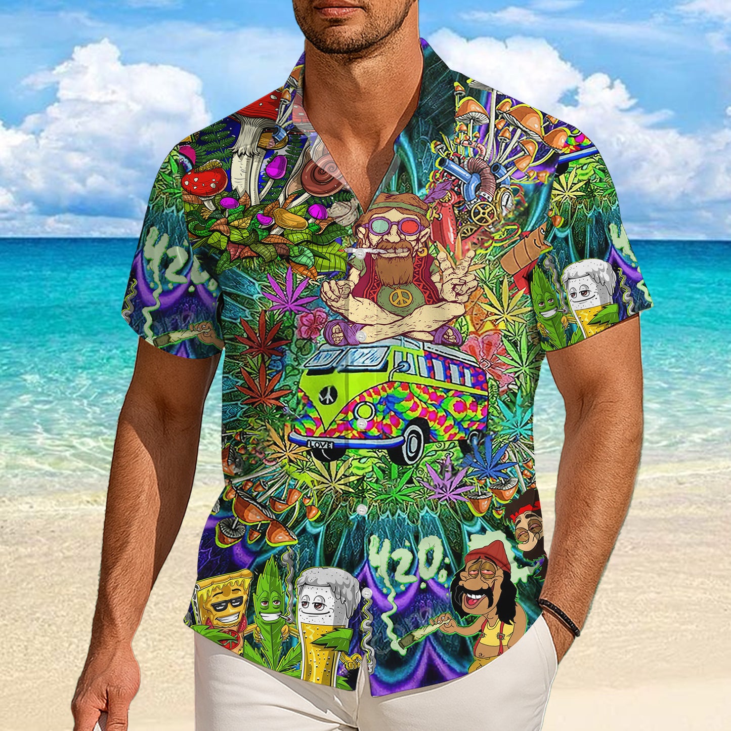 Hippie Retro Van & 420 Psychedelic Art Hawaiian Shirt Aloha