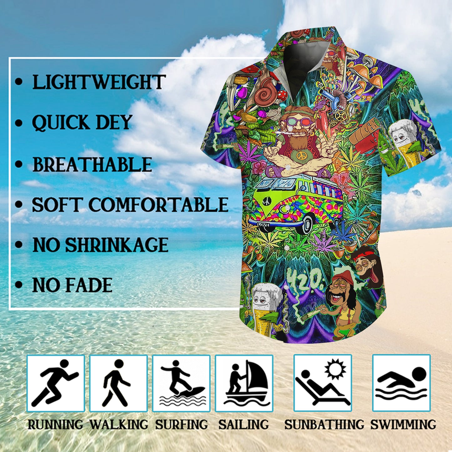 Hippie Retro Van & 420 Psychedelic Art Hawaiian Shirt Aloha