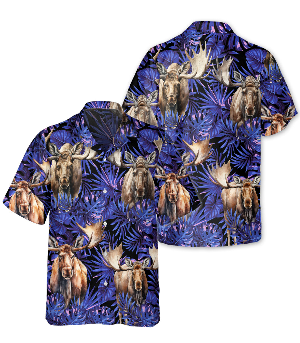 Moose Hawaiian Shirt for Men - Animal Hawaiian Shirts Short Sleeve - Mens Floral Button Up Shirt