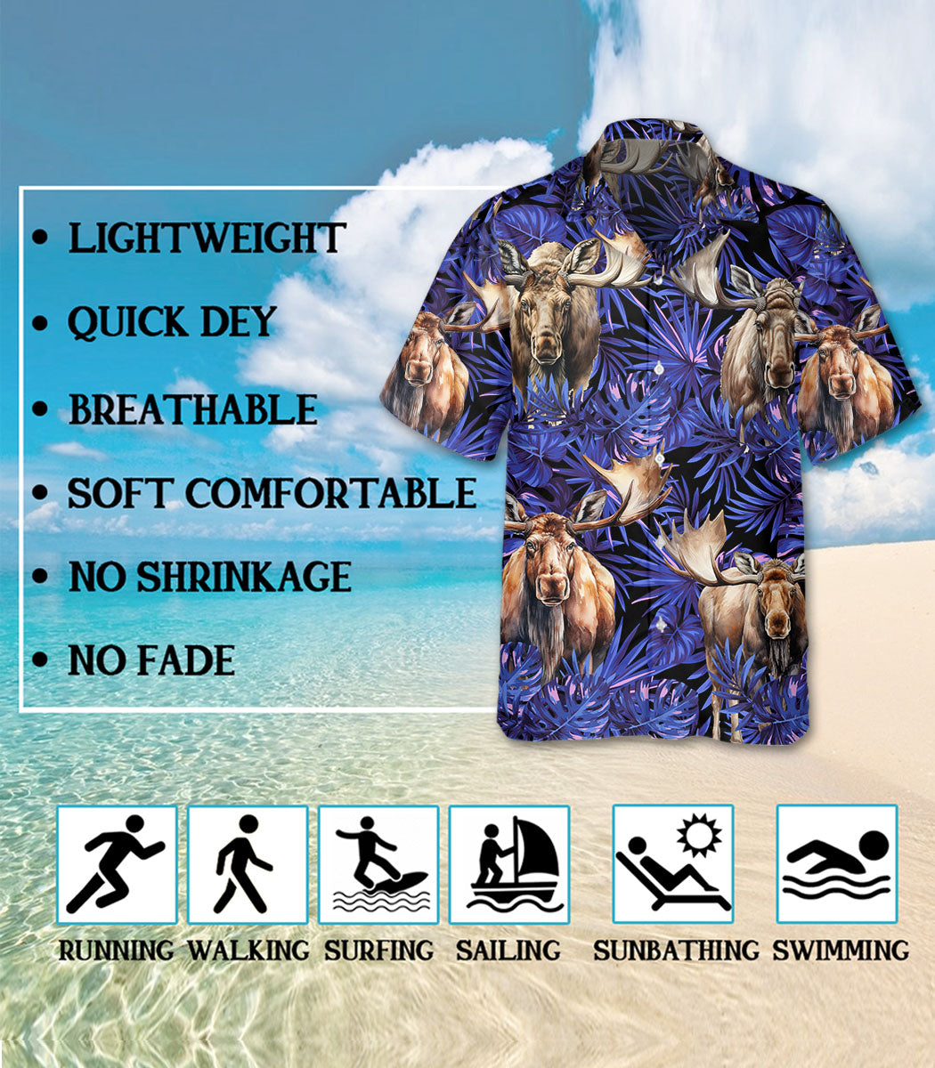 Moose Hawaiian Shirt for Men - Animal Hawaiian Shirts Short Sleeve - Mens Floral Button Up Shirt