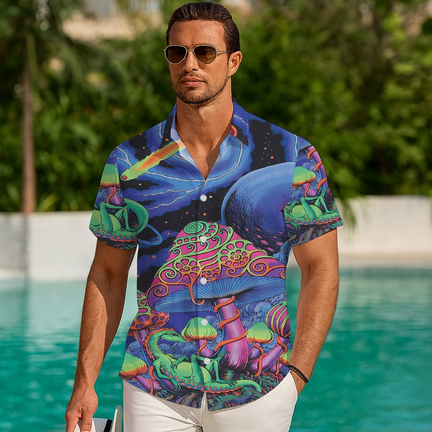 Psychedelic Mushrooms, Lizards & Galaxy Hawaiian Shirt Aloha