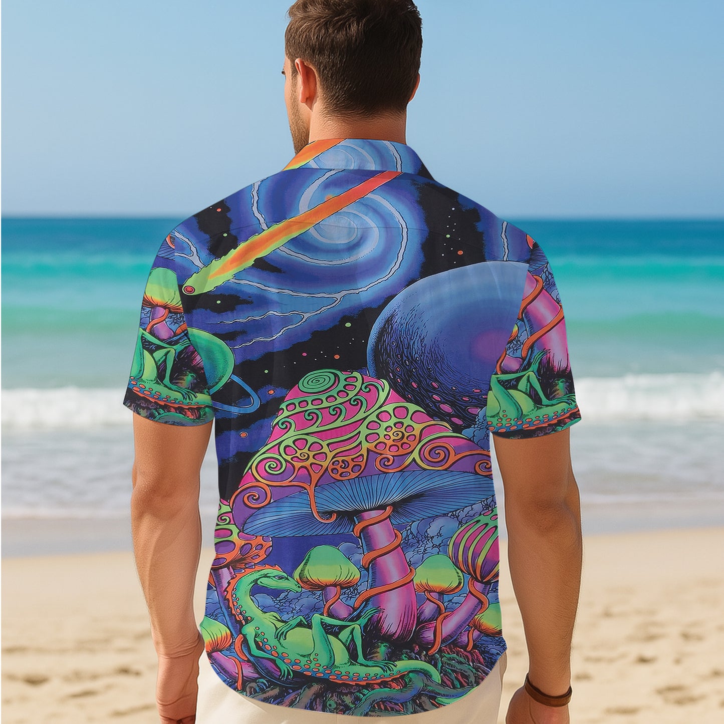 Psychedelic Mushrooms, Lizards & Galaxy Hawaiian Shirt Aloha