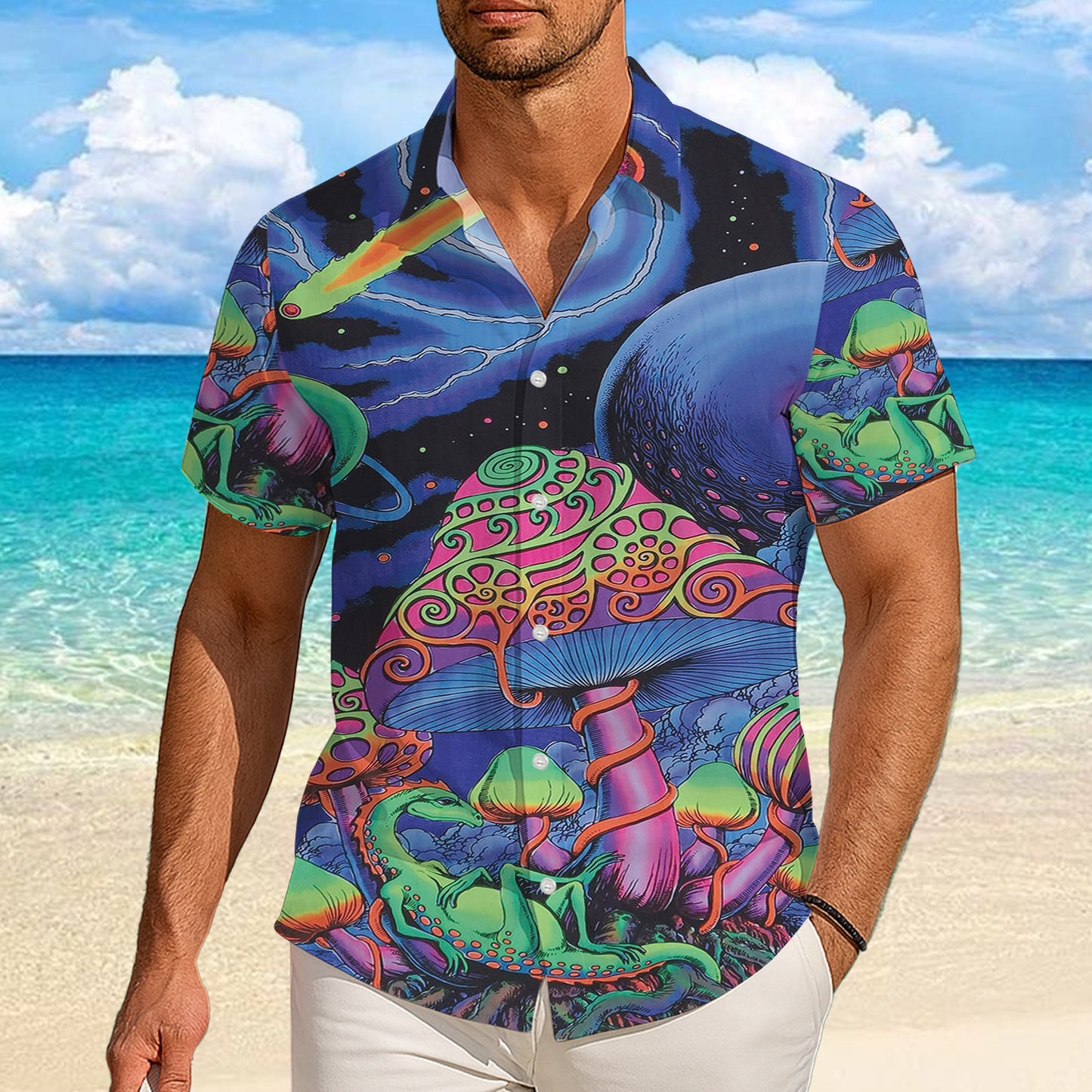 Psychedelic Mushrooms, Lizards & Galaxy Hawaiian Shirt Aloha