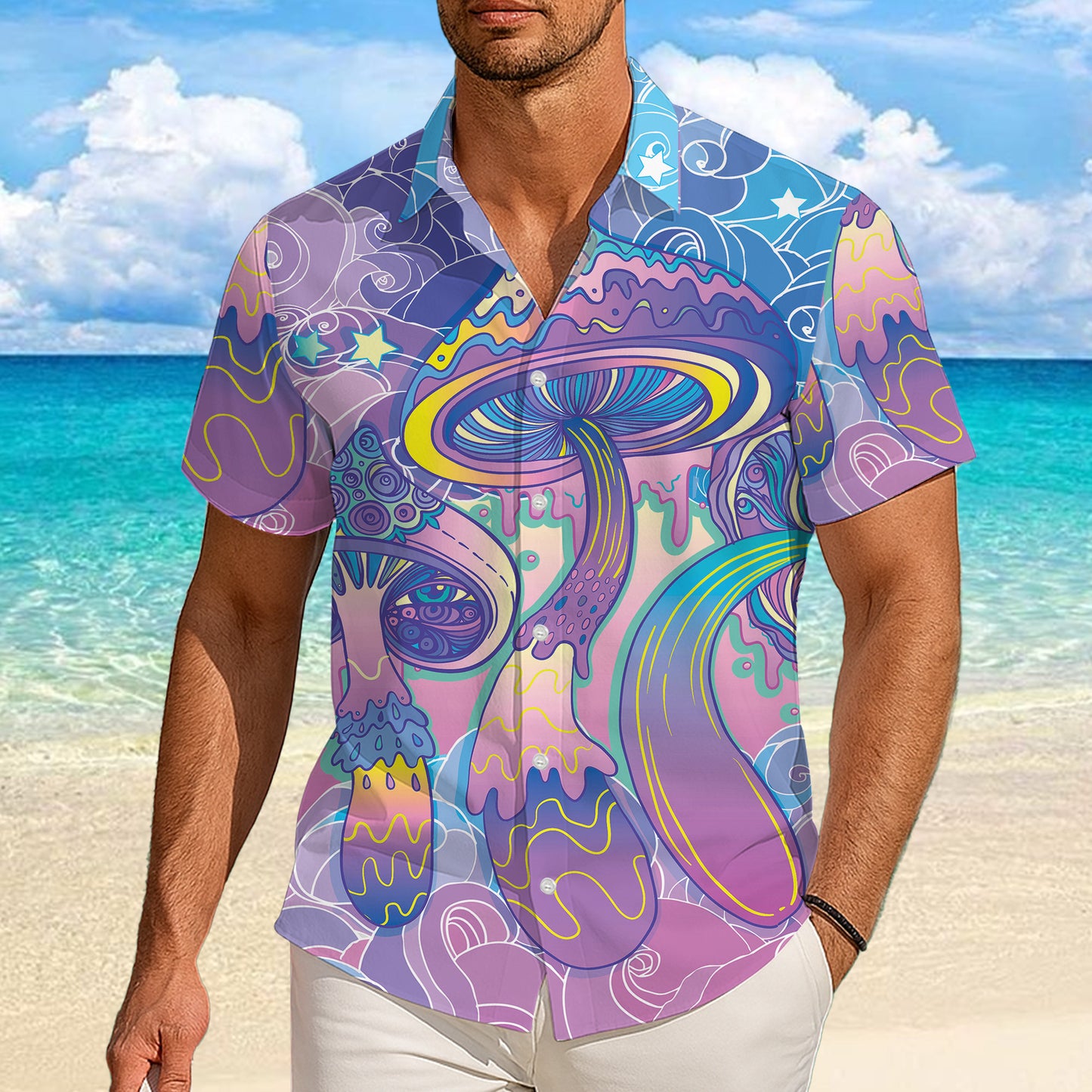 Pastel Psychedelic Mushrooms & Dreamy Clouds Hawaiian Shirt Aloha