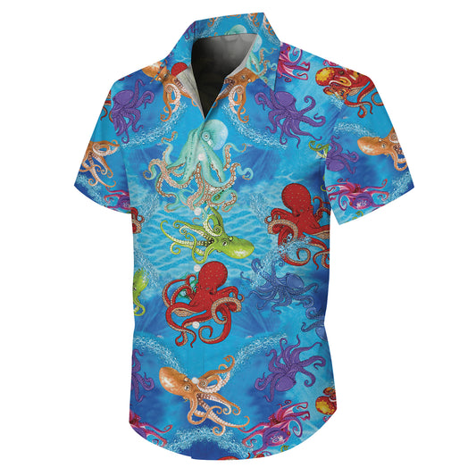 Colorful Octopuses & Ocean Water Hawaiian Shirt Men Aloha