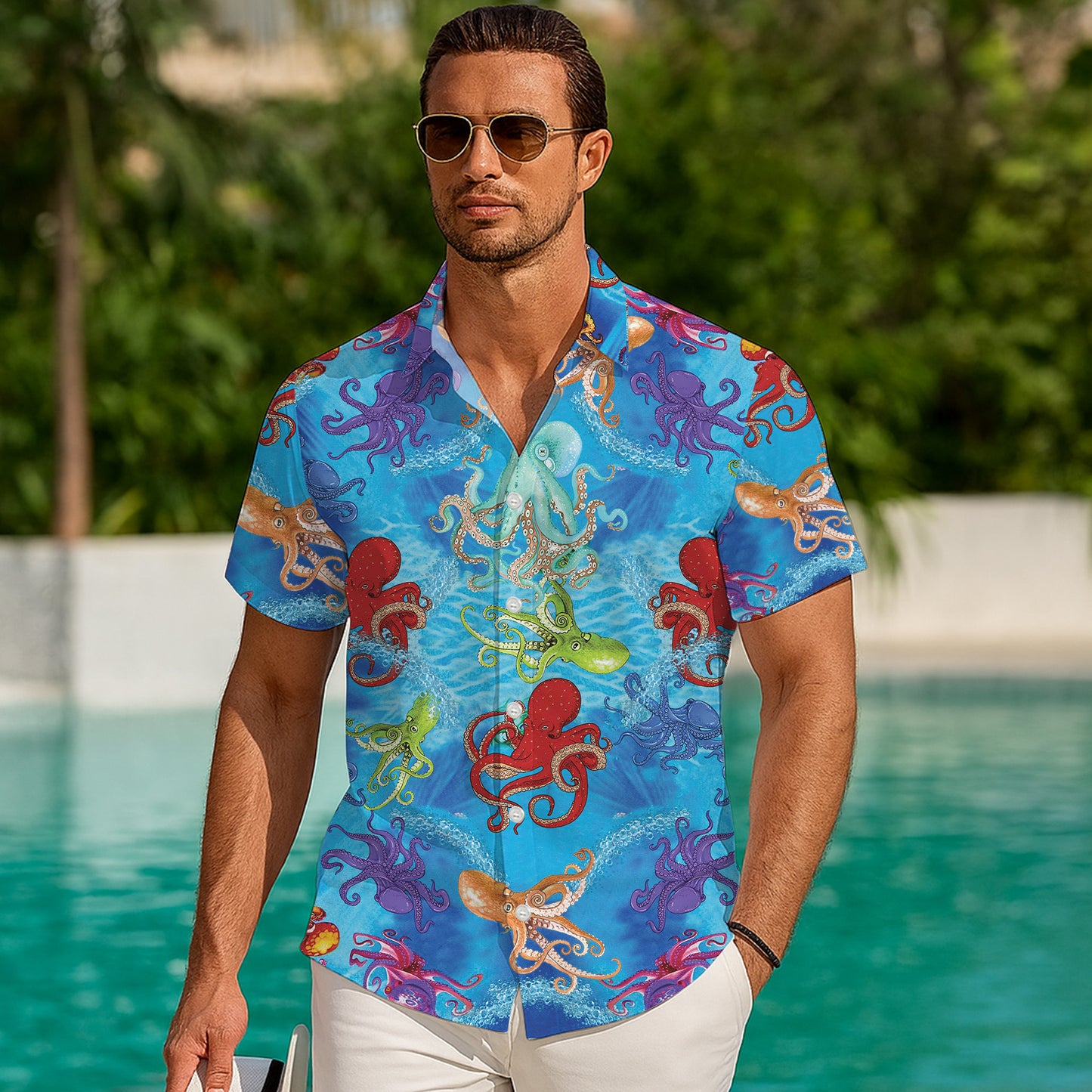 Colorful Octopuses & Ocean Water Hawaiian Shirt Men Aloha
