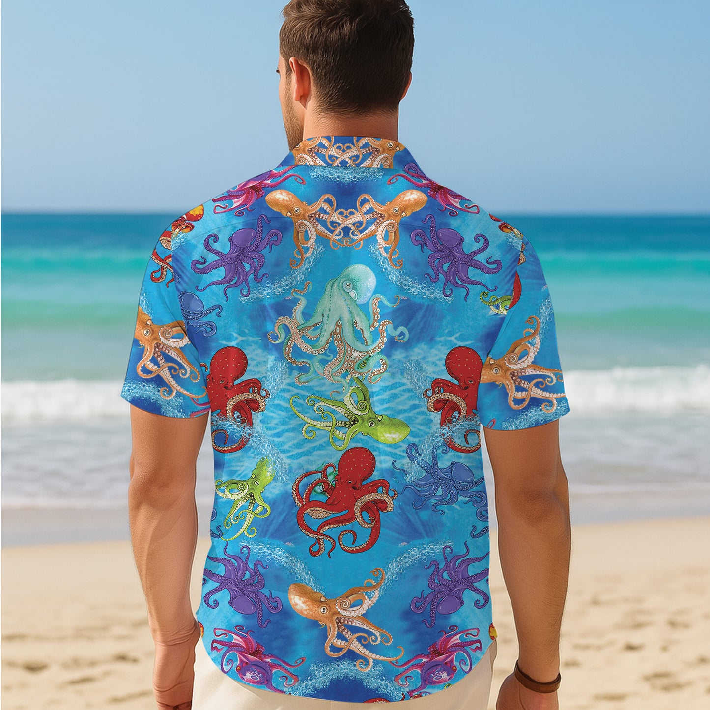 Colorful Octopuses & Ocean Water Hawaiian Shirt Men Aloha