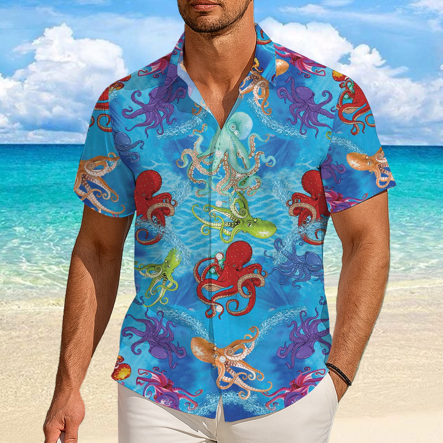 Colorful Octopuses & Ocean Water Hawaiian Shirt Men Aloha
