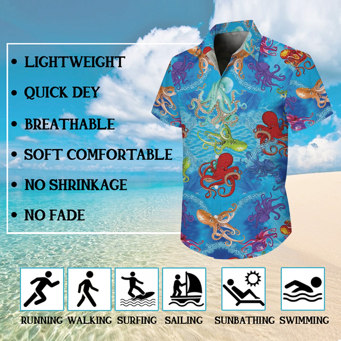 Colorful Octopuses & Ocean Water Hawaiian Shirt Men Aloha
