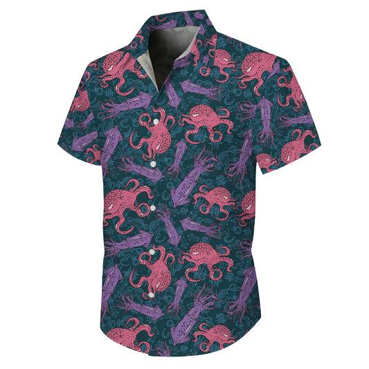 Pink & Purple Octopuses and Squids Dark Hawaiian Shirt