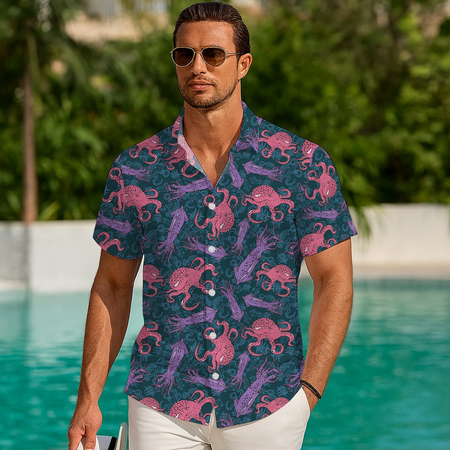Pink & Purple Octopuses and Squids Dark Hawaiian Shirt