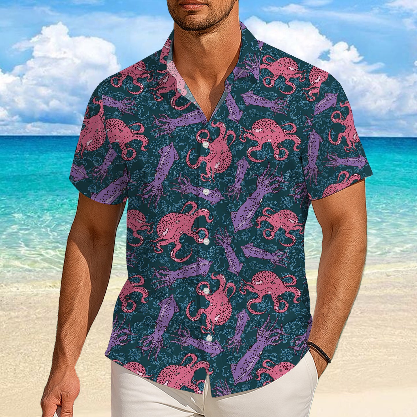 Pink & Purple Octopuses and Squids Dark Hawaiian Shirt