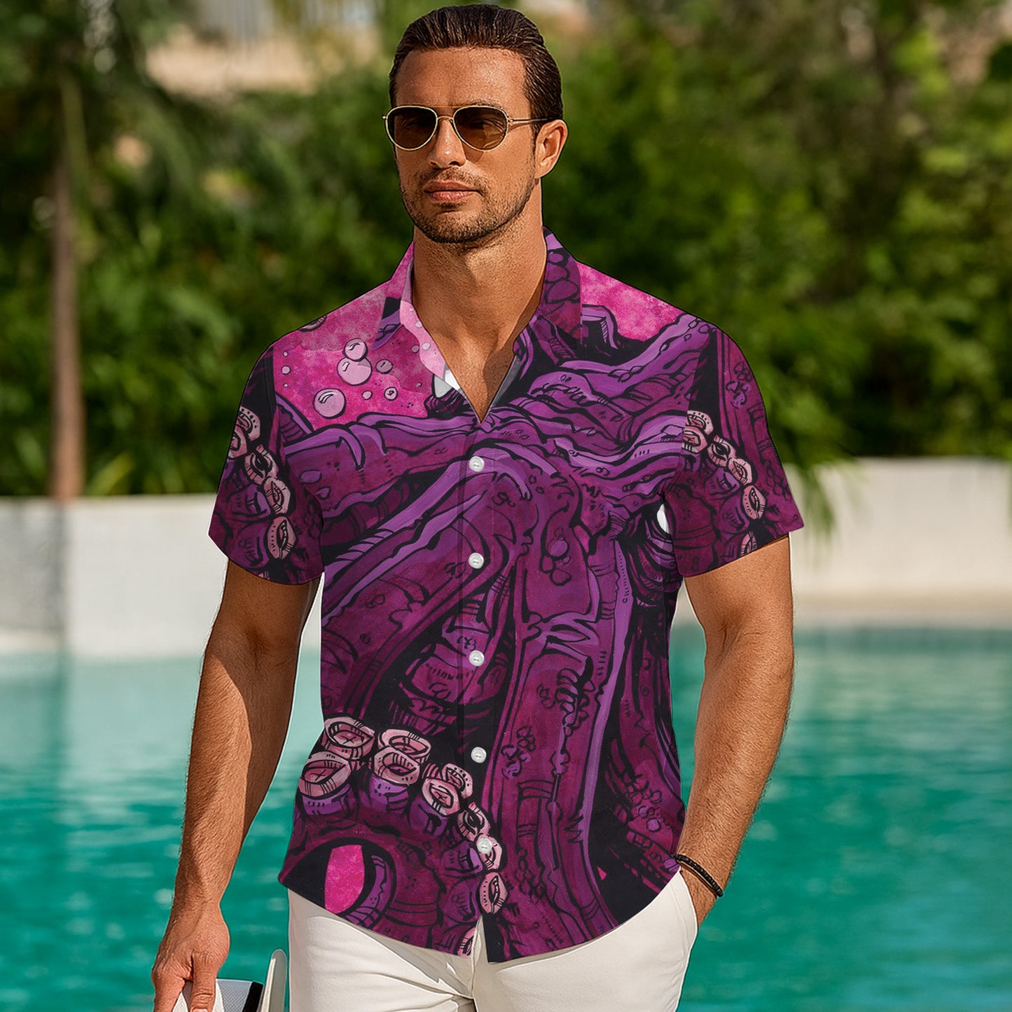 Giant Purple Octopus Face & Tentacles Hawaiian Shirt Men