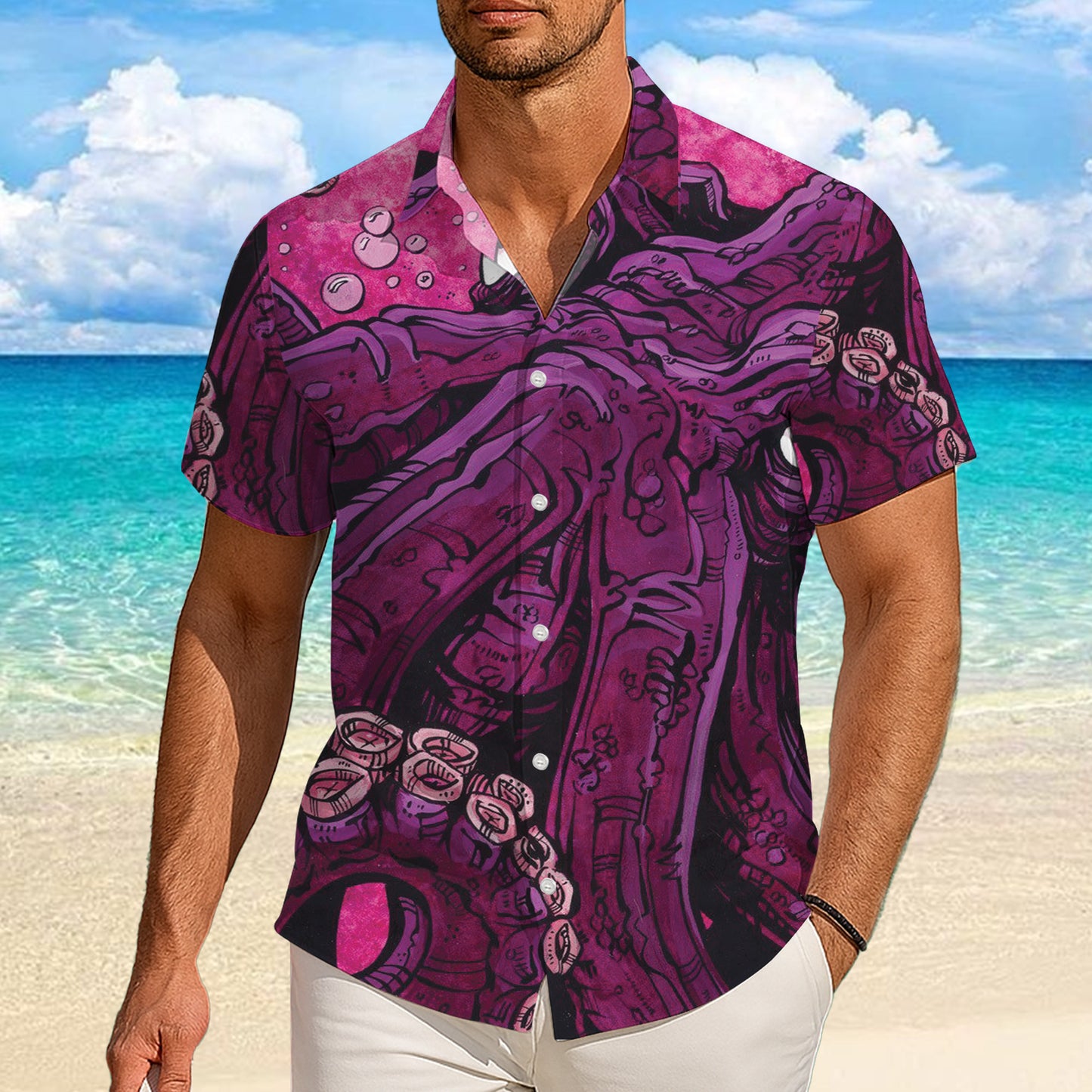 Giant Purple Octopus Face & Tentacles Hawaiian Shirt Men