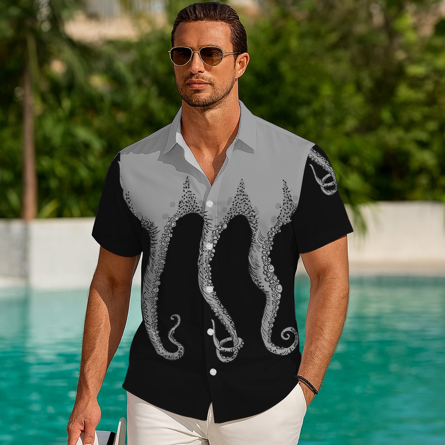 Monochrome Octopus Tentacles Dark Hawaiian Shirt Men