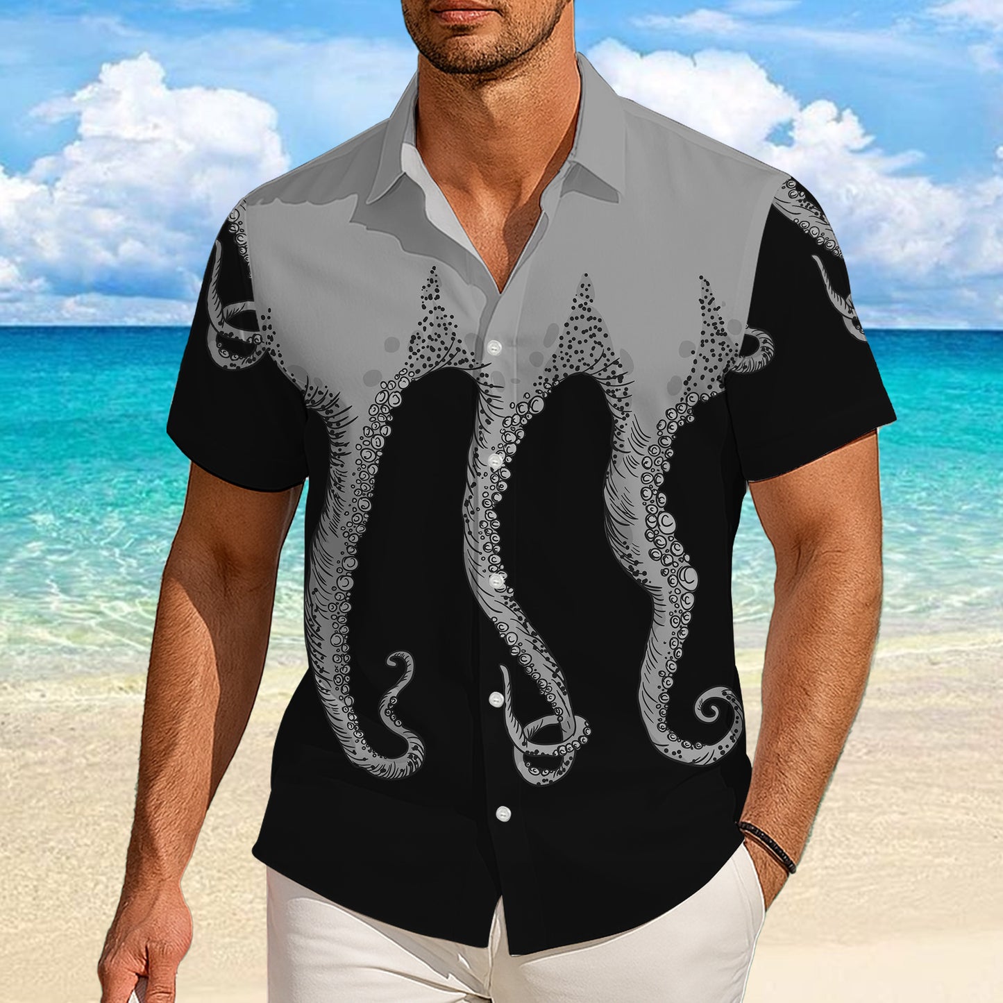 Monochrome Octopus Tentacles Dark Hawaiian Shirt Men