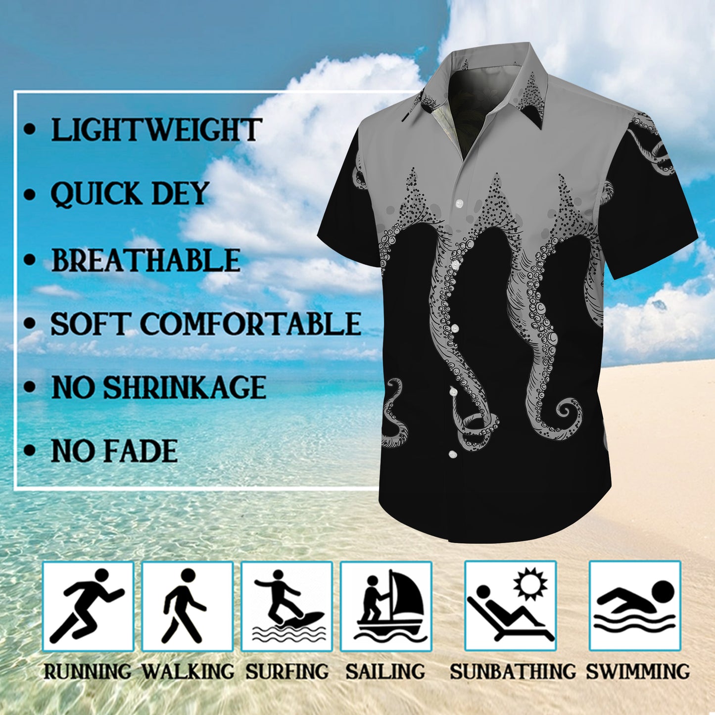 Monochrome Octopus Tentacles Dark Hawaiian Shirt Men